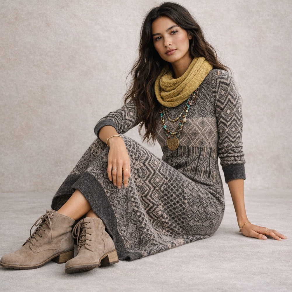 Sparrow Anthropologie Alpaca Blend Boho Sweater Dress Sz S Fair Isle Nordic Maxi